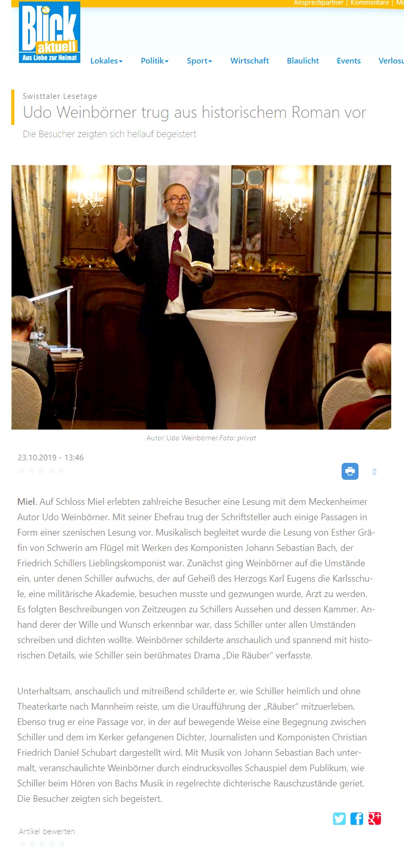 Blick Aktuell Artikel Lesung auf Schloss Miel 23.10.2019 Schiller Roman Udo Weinbörner